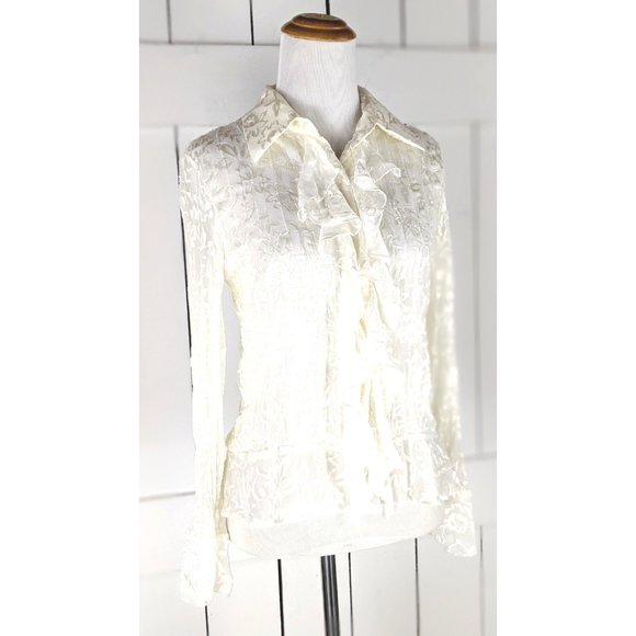 Cold Water Creek sheer ivory floral ruffle button down long sleeve blouse PS - Picture 5 of 5